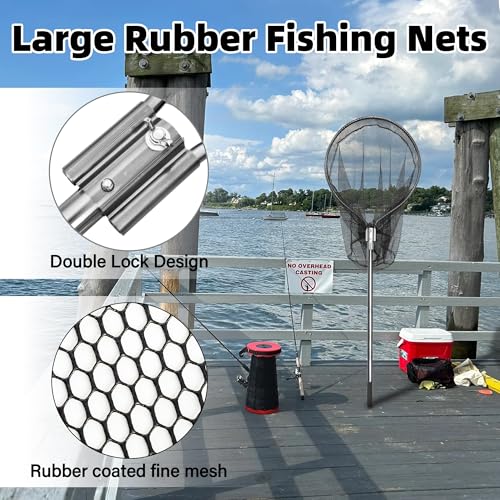 Heavy Duty Extra Large Rubber Fishing Net - Aluminum Telescoping Handle (67-100in), 20in Net Opening for Saltwater Fishing