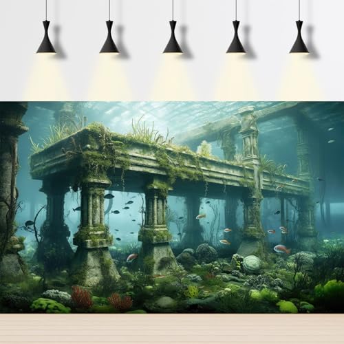 Under The Sea Fish Tank Background Sunken Ancient City Ruins Aquarium Background Mysterious Submerged City Sea Plants Terrarium Backgrounds Coral Reef Ruins Reptile Tank Enclosure Backgrounds 24x12in - color: Green_Gray, size: 24(W)x12(H)in