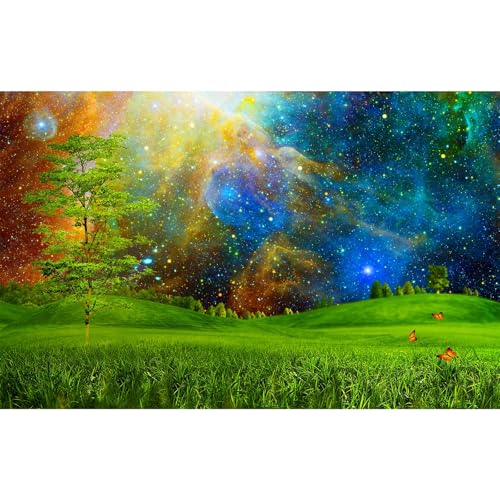 Fantasy Nightly Sky Aquarium Background Abstract Meadow Natural Landscape Fish Tank Background Stars Under Blue Nightly Sky Terrarium Backgrounds Mountains Pine Trees Reptile Tank Backgrounds 24x12in - color: Green_Blue, size: 24(W)x12(H)inches/ 60(W)*30c
