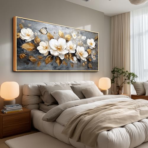 FUHAIHUA Wood Framed Canvas Wall Art For Living Room Large Wall Decor For Office Bedroom Decoration White Flower Pictures Farmhouse Painting Artwork Room Wall Mural Aesthetic Home Decor 32x72 - color: White Flower Wood Framed, size: 72"L x 32"W