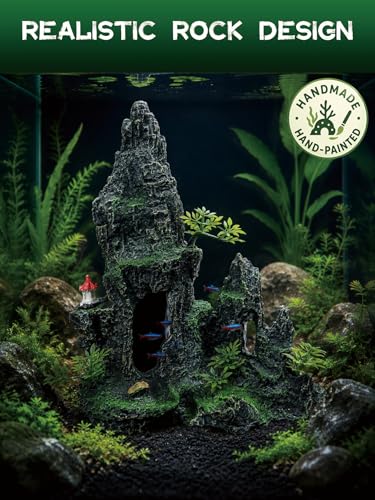 Aquarium Decor - Tall and Large Mountain Rock Ornament with Red Tower for Fish Tank,Aquarium Hideout with Rock Texture for Betta,Guppy,Shrimp-Safe Aquatic Decoration, Fish Hiding House - color: Large Peak Rock - Red Tower