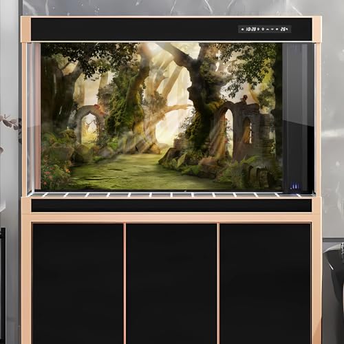 Fantasy Forest Aquarium Background Archway and Ancient Trees Atmospheric Landscape Fish Tank Background Deep Woods Misty and Foggy Mood Reptile Habitat Background Decors Poster Vinyl 24x16in - color: Orange, size: 24(W)x16(H)in