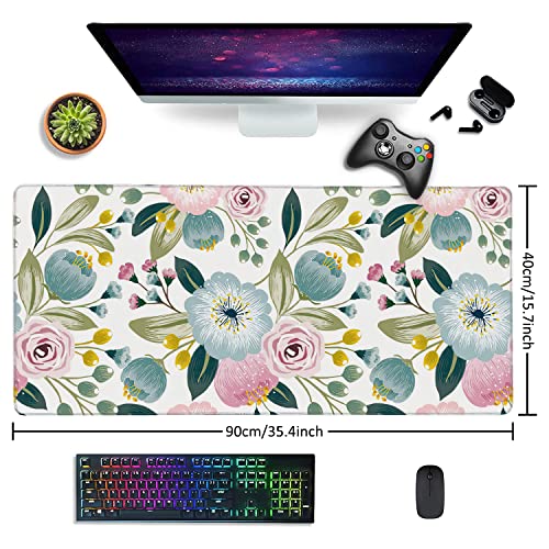 Lovely Floral with Spring Flowers Extended Gaming Mouse Pad Large Desk Mat with Non-Slip Rubber Base and Stitched Edges,Keyboard Mouse Mat Desk Pad for Work,Game,Office,Home 35.4 * 15.7 Inch - color: Lovely Floral With Spring Flowers