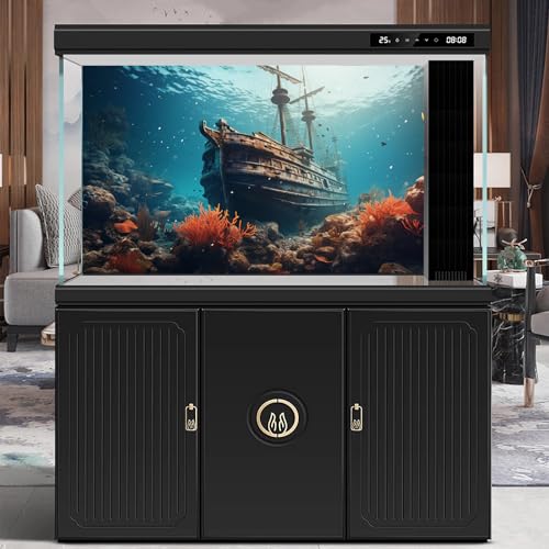 Underwater Seascape Aquarium Background Vibrant Undersea Reefs Corals Sunken Pirate Ship Fish Tank Background Under The Sea Rusty Debris Retro Ship Terrarium Backgrounds Ocean Tank Backgrounds 24x12in - color: Blue_Brown, size: 24(W)x12(H)in