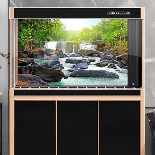 Waterfall Aquarium Background Natural Jungle Forest Landscape Terrarium Background Lush Green Trees Plants Stream Fish Tank Background Falls Forest Rocks Reptile Background Vinyl 24x12in - color: Light Green, size: 24(W)x12(H)in