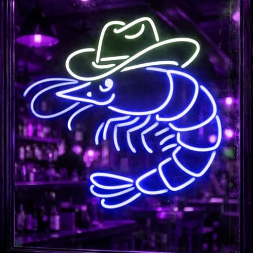 Cowboy Shrimp LED Neon Sign, Western Shrimp Neon Sign, Seafood Shop Accent, Bar Game Room Decor, For Bar, Restaurant, Seafood Shop, Man Cave, Western Decor, Gifts for Seafood Lovers