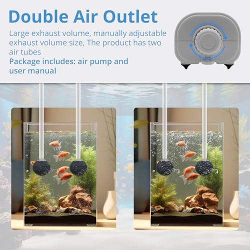 Aquarium Air Pump for Fish Tank, 2 Outlets Adjustable Bubbler, Ultra Quiet & Powerful (3W/5W/10W), Includes Air Stones/Tubing/Check Valve, 108GPH-260GPH for 300-600 Gallon Tanks - size: 3W-Up to 75Gallon