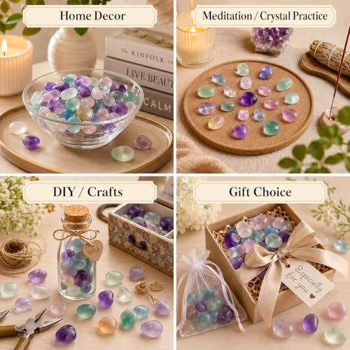 Polished Fluorite Crystal Bulk - 0.5" Colorful Tumbled Stone Chips Rocks, 10 oz Crushed Sea Glass Vase Filler Small Stones for Healing, Reiki, Crafting, Home Decor - color: Fluorite, size: 0.5"