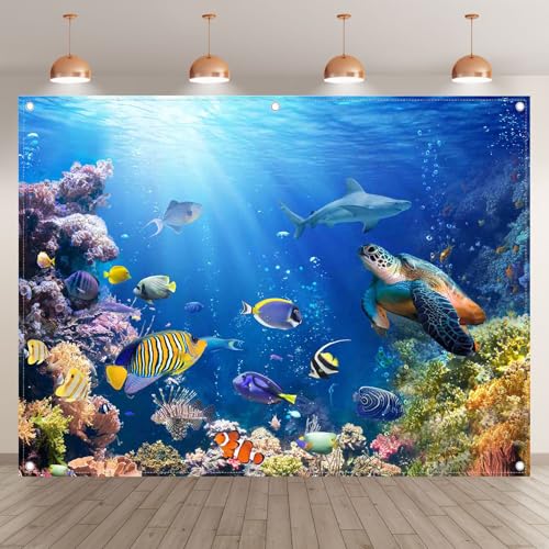 8x6ft Under The Sea Photography Backdrop Ocean Underwater World Background Aquarium Coral Baby Shower Decorations Birthday Party Photo Banner - size: 8'x6'
