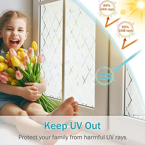 VELIMAX Lattice Frosted Window Film Window Privacy Film Static Cling Window Vinyl Opaque Glass Sticker Non Adhesive Anti-UV 17.7x157.4 inches