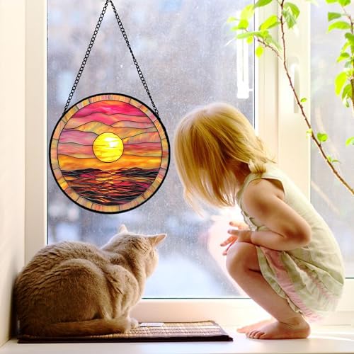 DASTOLL Stained Glass Window Hanging, Sunrise Sea Surface Sun Catchers Diamond Glass Panel Hangings Abstract Suncatcher Decor for Birthday for Women, Men, Wife, Aunt, and Mom 11.8 in - color: Gold, size: 11.8x11.8 IN