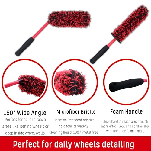 oesee Metal Free Microfiber Wheel Brush Kit- Microfiber Angled Wheel Brush, Long Handle Wheel Brush, Tire& Detailing Brush, Wheel Wash Mitt. Hands-On Wheel Detailing Kit for Daily Wheel Cleaning - color: 5 Pack (Red & Black)