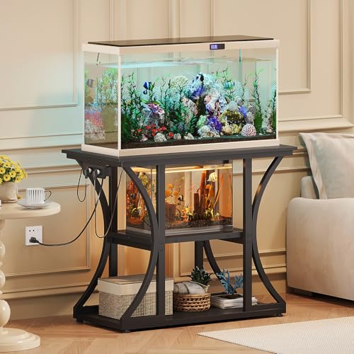 50 Gallon Aquarium Stand with Power Outlets Fish Tank Stand with 3-Tier Storage Shelves Display Stand for Turtle Tank Shelves Metal Frame Stand for Living Room Office Entryway(Black) - color: Black