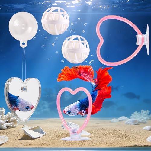 Betta Fish Toys, 2 PCS Heart Fish Exercise Ring and Nitrifying Balls Set, Heart Betta Mirror Toy Set, Feeding Ring with Suction Cup, Fishing Tank Accessories for Gifts (Pink) - color: Pink Heart