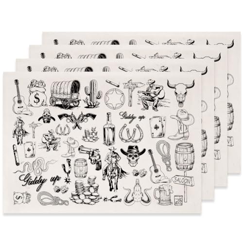 SUPERDANT 4PCS Western Style Underglaze Paper Transfer Cowboy Cactus Transfer Paper for Clay Ceramic Porcelain Under Glaze Transfers for Pottery Enamel Decals Black Underglaze Decal Papers - style: Western Cowboy