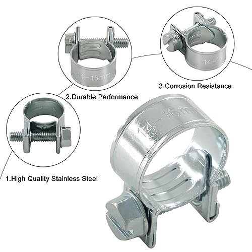 12pcs Stainless Steel Gas Line Clamp, 14-16mm, Silver, Industrial Hose Clamp - size: 14-16mm