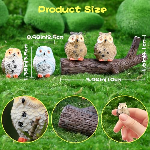 4pcs Mini Resin Owls and 1pcs Branch, Miniature Owl Figurines for Fairy Garden Accessories, Plant Pot, Bonsai Craft Decor, Cake Topper, DIY Home Micro Landscape Ornaments - style: Owl and Branch