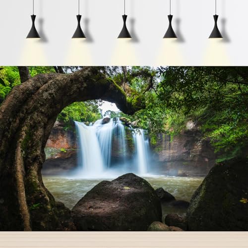 Waterfall Aquarium Background Jungle Forest Lake Stream Natural Landscape Fish Tank Background Tropical Plants Huge Rock Terrarium Backgrounds Jungle Old Trees Falls Reptile Tank Backgrounds 24x12in - color: Black_Green, size: 24(W)x12(H)inches/ 60(W)*30c