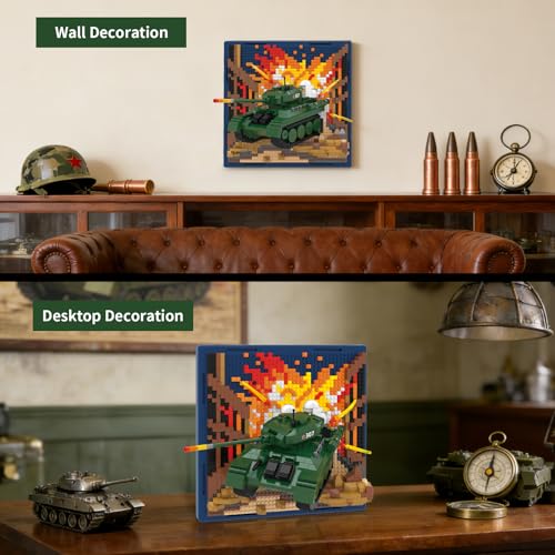 Military Tank 3D Wall Art Micro Mini Building Blocks Set, WW2 T-34 Tank Collection Display Model & Wall Decor, No Compatible with Lego, Great Army Vehicle Toy Gift for Adults Teens 14+ (1430 PCS) - style: T-34 Military Tank