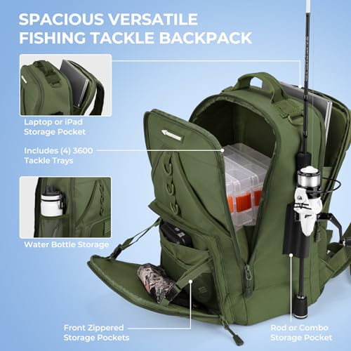 KastKing KarryAll Fishing Tackle Backpack with Rod Holder 4 Tackle Boxes,40/26L Tackle Bag Storage Fishing Gear and Equipment - color: F: Medium (26 L) - Green