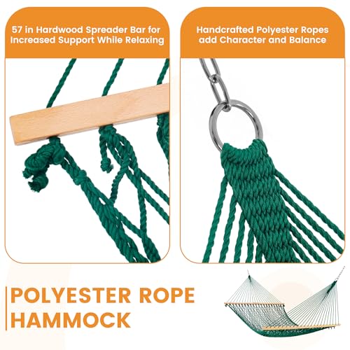 Lazy Daze Hammocks 13-FT Polyester Rope Hammock, Double 2 Person Traditional Hand Woven Outdoor Hammock with Spreader Bar, Carabiners, Tree Straps, Chains for Outside Patio- Max 450 Lbs, Green - color: Green