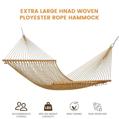 Lazy Daze Hammocks 13-FT Polyester Rope Hammock, Double 2 Person Traditional Hand Woven Outdoor Hammock with Spreader Bar, Carabiners, Tree Straps, Chains for Outside Patio- Max 450 Lbs, Tan - color: Tan