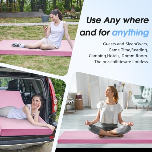 CYMULA 3 Inch Memory Foam Camping Pad, Camping Essentials Roll Up Floor Mat for Car Camping, Cot, Tent, Truck, Travel and Guest Use, Non-Slip Waterproof Bottom, Removable Cover - color: PINK, size: Twin XL:80*38*3