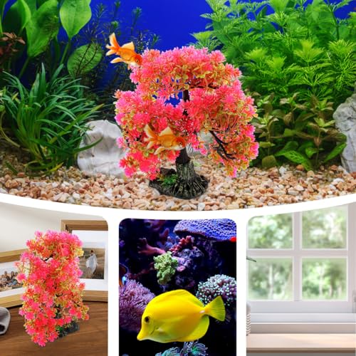 Healeved Fish Tank Plants Artificial Aquatic Plant Fish Tank Decorations Betta Accessories Aquarium Bonsai Tree with Base,10.23 X 10.23 X 2.16 Inches - color: Red, size: 26.00X26.00X5.50CM