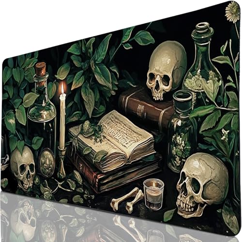 Gothic Botanical Desk Pad, Library Skull Large Gaming Mouse Pad, XXL Desk Mat Anti-Slip Waterproof Big Mousepad with Stitched Edges, Keyboard Mouse Mat for PC, Laptop, Work, Office, Home - color: Gothic Dark Lab Botanical, size: 31.5" x 15.7"