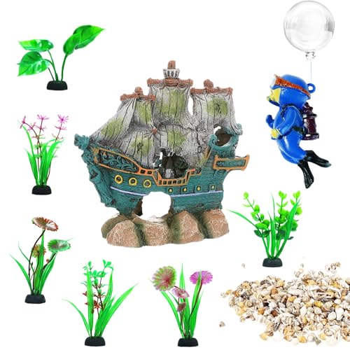 Aquarium Decor Kit, Fish Tank Accessories - Resin Broken Sailboat | Betta Fish Hideout Cave, 6 Artificial Aquatic Plants, 40+ Seashells, 1 Floating Diver, Small Tank Landscaping - color: Broken Sailboat