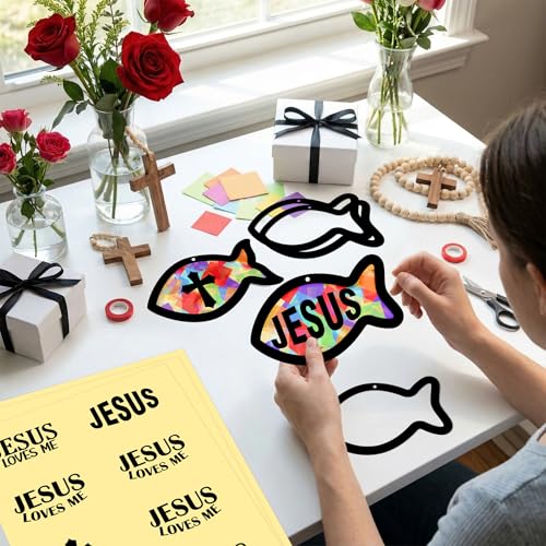 48PCS Sunday School VBS Crafts Bulk: Paper Jesus Fish Nativity Suncatchers, Religious Christian Activity DIY Kits Church Decorations, Window Stained Glass Effect Art Supplies - style: jesus fish