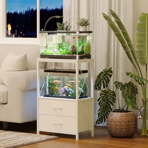 Fish Tank Stand 10 Gallon with 2-Tier Shelf, Aquarium Stand with 2 Drawers, Metal Frame Heavy Duty Reptile/Turtle Tank Stand for Home Office, Fish Tanks Accessories Storage, White - color: White