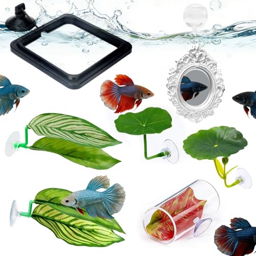 7PCS Betta Hammock & Fish Toys Set, Fish Tank Decor & Accessories for Resting Hiding Aquarium with Training Mirror and Feeding Ring