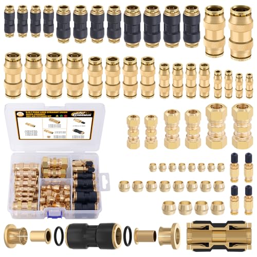 CheeMuii 60 PCS Brass DOT Air Line Fittings Kit DOT Push Lock and Compression Air Fittings Brass Quick Connect Straight Union 1/8" 5/32" 1/4" 3/8" 1/2" 5/8" 3/4" Air Hose Fittings Assortment - color: Gold, size: 60 PCS