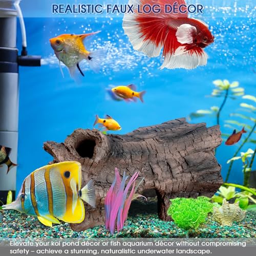 Faux Log Fish Cave, Fish Hide & Aquarium Cave for Koi Pond Decor All-Weather Predator Protection Shelter Durable Pond Decorations for Ponds, Aquariums and Terrariums