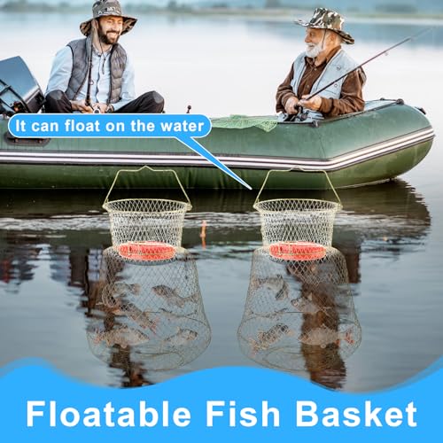 2 Pcs Steel Wire Fish Basket and Fishing Landing Net with Extension Aluminum Telescoping Pole Includes 1 Portable Fishing Net with Handle 1 Collapsible Wire Fishing Basket for Women Men