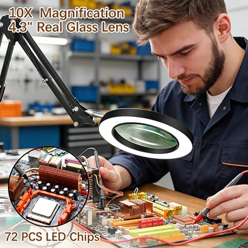 10X Magnifying Glass with Light and Clamp, Magnifier with Light Hands Free3 Color Modes Stepless Dimmable, 72 LEDs Real Glass Lens Magnifying Lamp for Close Work, Repair, Reading, Craft - color: Black