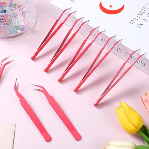 10 Pieces Tweezers for Crafting, Stainless Steel Curved Pointed Tweezers Precision Tweezer with Protective Cover for Eyelash Extensions Stickers Rhinestones Crafts (Rose Red) - color: Pink