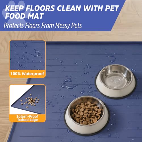 Large Dog Mats for Food and Water, 32"x24" Waterproof Pet Food Mats for Floor Nonslip Silicone Bowl Mats with Raised Edges - color: Blue, size: 32"L x 24"W