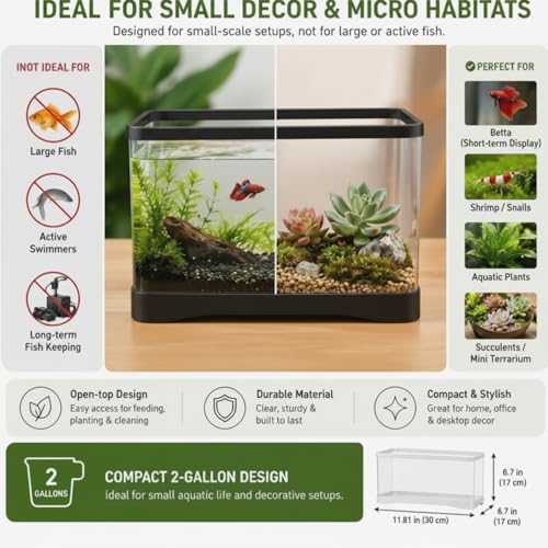 Geelin 2 Gallon Plastic Rectangular Fish Tank, Aquarium for Betta Fish Reptiles Succulents Flower Centerpiece, Shatterproof with Clear Clarity for Home Office Desktop Decors(Black) - color: Black
