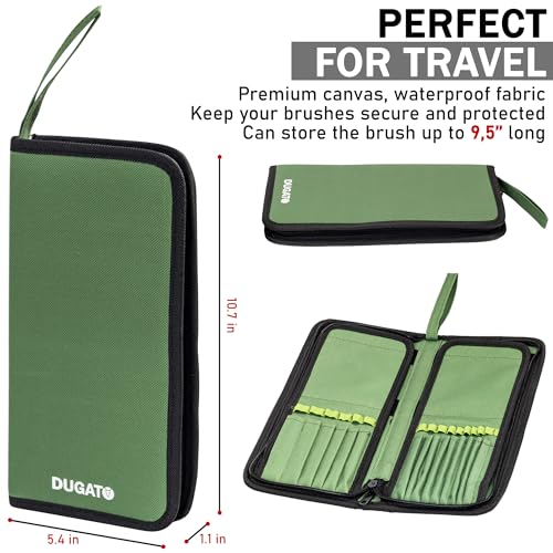 DUGATO Green Canvas Brush Organizer & Holder, 5.4x10.7 inches, 15 Slots, Pop-Up Flaps, Case for Brushes up to 9.3" Length - color: Green, size: Medium 5.4x10.7 inches