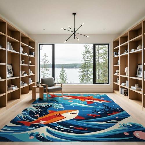 9'x12' Washable Kawaii Shark Oversized Rug, Orange Non-Shedding Pet Friendly Carpet Foldable Easy Care Mat for Master Suite, California King, Under Bed | Ref:2070034 - color: Blue/Pattern 11, size: 9' x 12' (Rectangular)