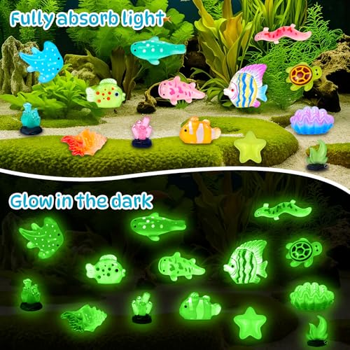 60 Pcs Luminous Mini Resin Ocean Animal Figures Glow in the Dark Small Little Tiny Fish Seashell Coral Miniature Figurines for Crafts Fairy Garden Accessories Micro Landscape Aquarium Decor