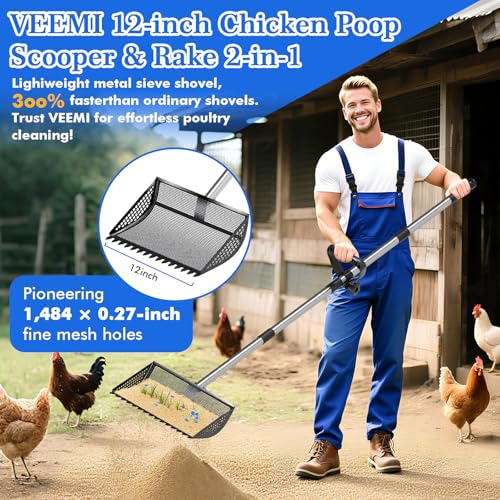 Chicken Poop Scooper Rake 2-in-1,304 Stainless Steel Shovel Head, Chicken Litter Scoop with Handle for Chicken Coop for Sand, Pet Waste Cleaning, Litter Sifting Shovel (35 to 65") (Black, 12inch) - color: Black, size: 12Inch