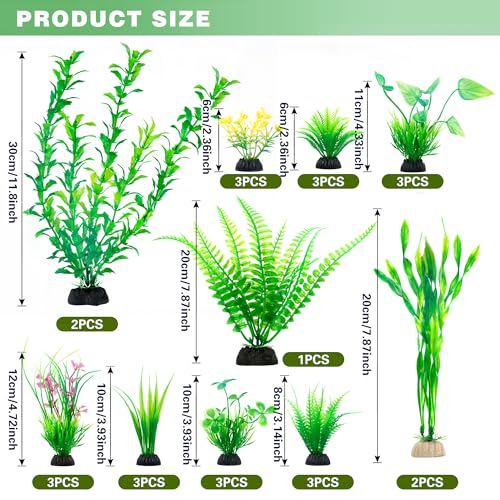 Ameliade Aquarium Artificial Green Plastic Plants Decorations 26 PCS Large Fish Tank Accessories Goldfish Betta Tank Decor