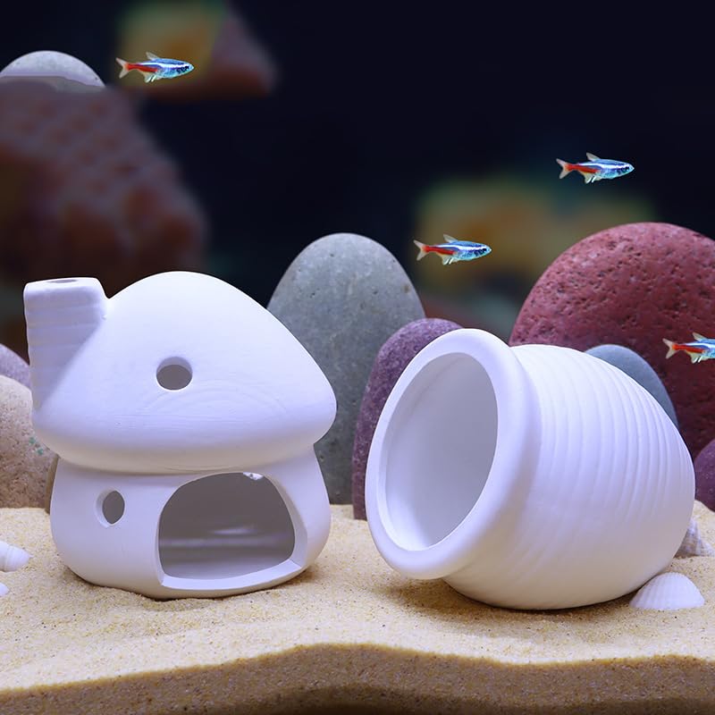 AnRui Ceramic Jar Aquarium Decorations Fish Tank Hideout Cave Cute Pot Aquarium Accessories Decor Ornaments for Cichlid, Small Fish, Shrimp to Play Hide Breed Habitat, White - size: Large