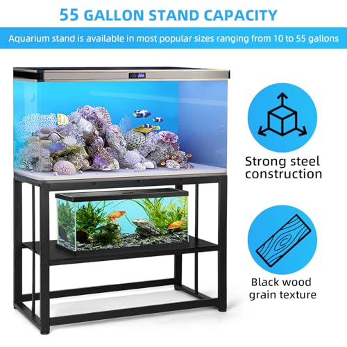 VOWNER 55-75 Gallon Fish Tank Stand - Metal Aquarium Stand, 48.4" x 14.9" x 29.5" Heavy Duty Reptile Tank Stand, Adjustable 2-Tier Fish Tank Rack Shelf for Home Office, Tank not Included, Black