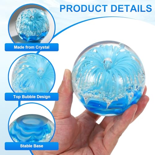PATIKIL Glass Paperweight, 3.5'' Blown Glass Decor Crystal Ball Rainbow Light Effect Desktop Decor Fish Tank Ornament Unique Handmade Art Ocean Sculpture for Home Office, Blue - color: Blue