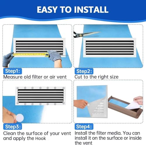 Air Vent Filters,16"x140"Cut to Fit Air Filter Material (100+Filters),MERV 8 Electrostatic Air Vent Filter for Home Floor, Grilles, Ceiling, HVAC Furnace Vents, With 48PCs Adhesive Hook Tape - style: 16" x 140"(Blue)