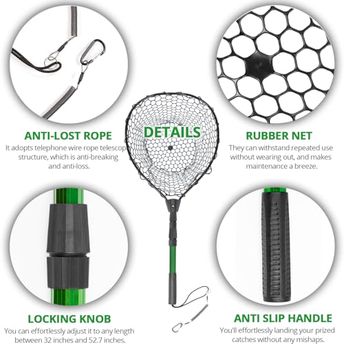 Rubber Fishing Net with Telescoping Handle - High Strength Landing Net for Fishing with Soft Rubber Netting, Two Sizes Options - size: L, Hoop Size: 20.3″ x 16″